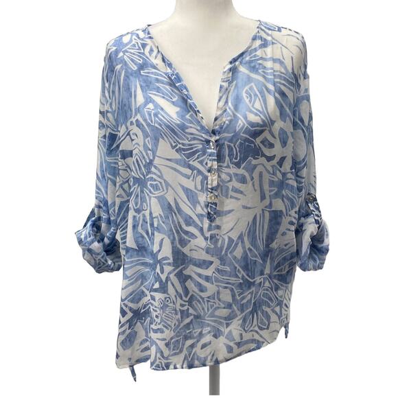 Grand & Greene Blue White Tropical Sheer Tunic Blouse L Roll Tab Sleeve Top - Picture 1 of 15